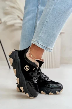 Damskie Buty Sportowe Sznurowane Ocieplane Na Platformie Czarne Verioras