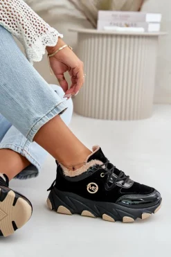 Damskie Buty Sportowe Sznurowane Ocieplane Na Platformie Czarne Verioras