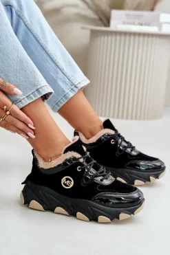 Damskie Buty Sportowe Sznurowane Ocieplane Na Platformie Czarne Verioras