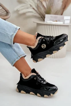 Damskie Buty Sportowe Sznurowane Ocieplane Na Platformie Czarne Verioras
