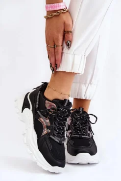 Damskie Buty Sportowe Sznurowane Na Platformie Czarne Minea