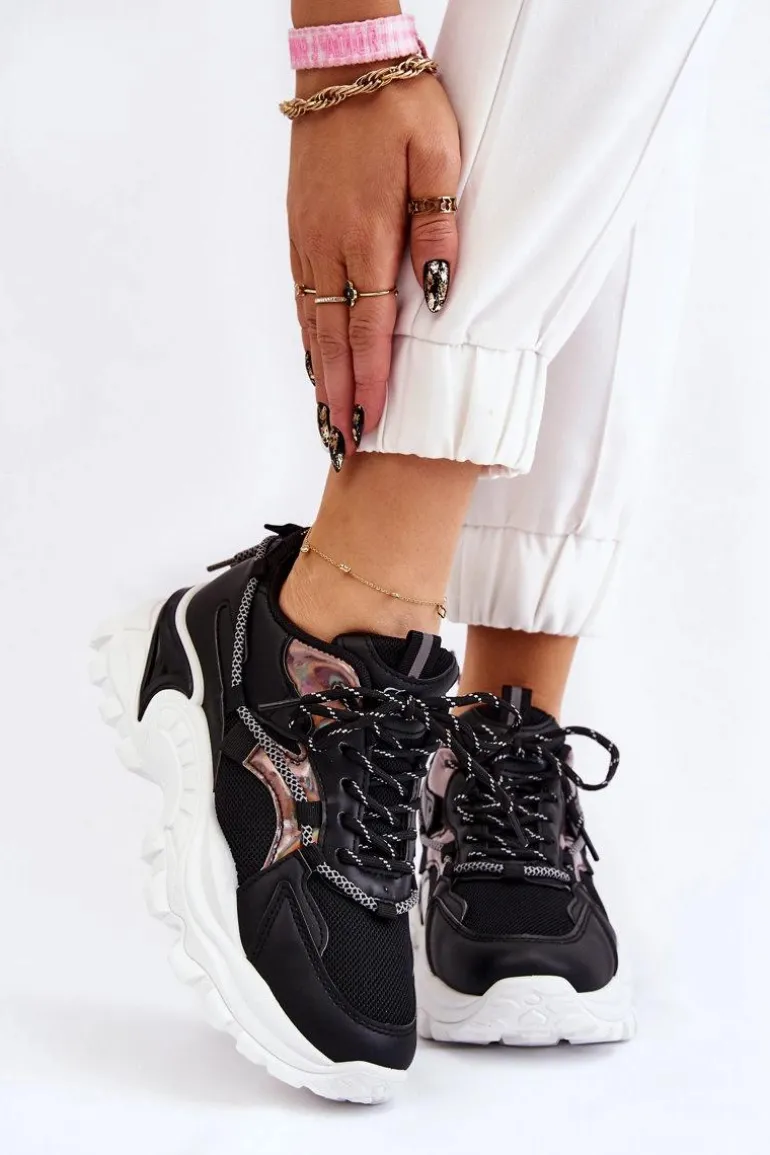 Damskie Buty Sportowe Sznurowane Na Platformie Czarne Minea