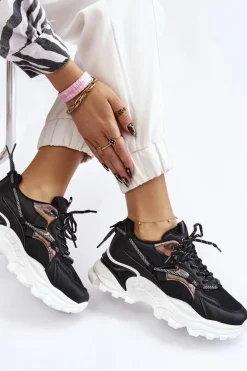 Damskie Buty Sportowe Sznurowane Na Platformie Czarne Minea