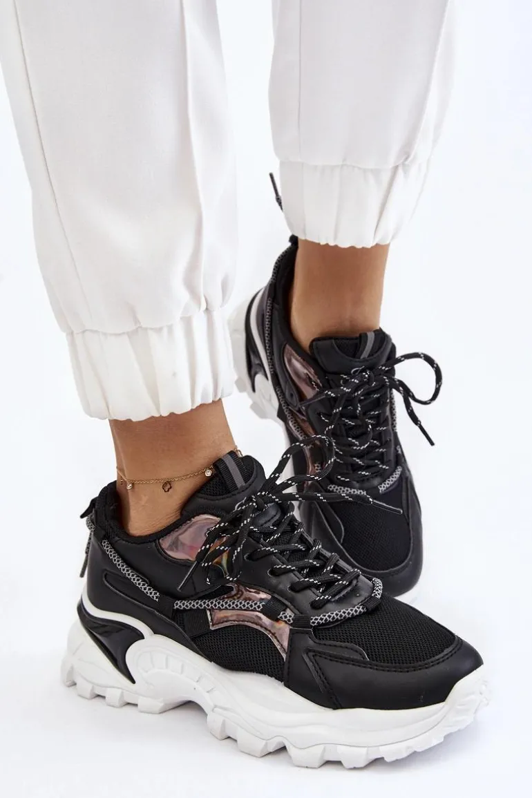 Damskie Buty Sportowe Sznurowane Na Platformie Czarne Minea