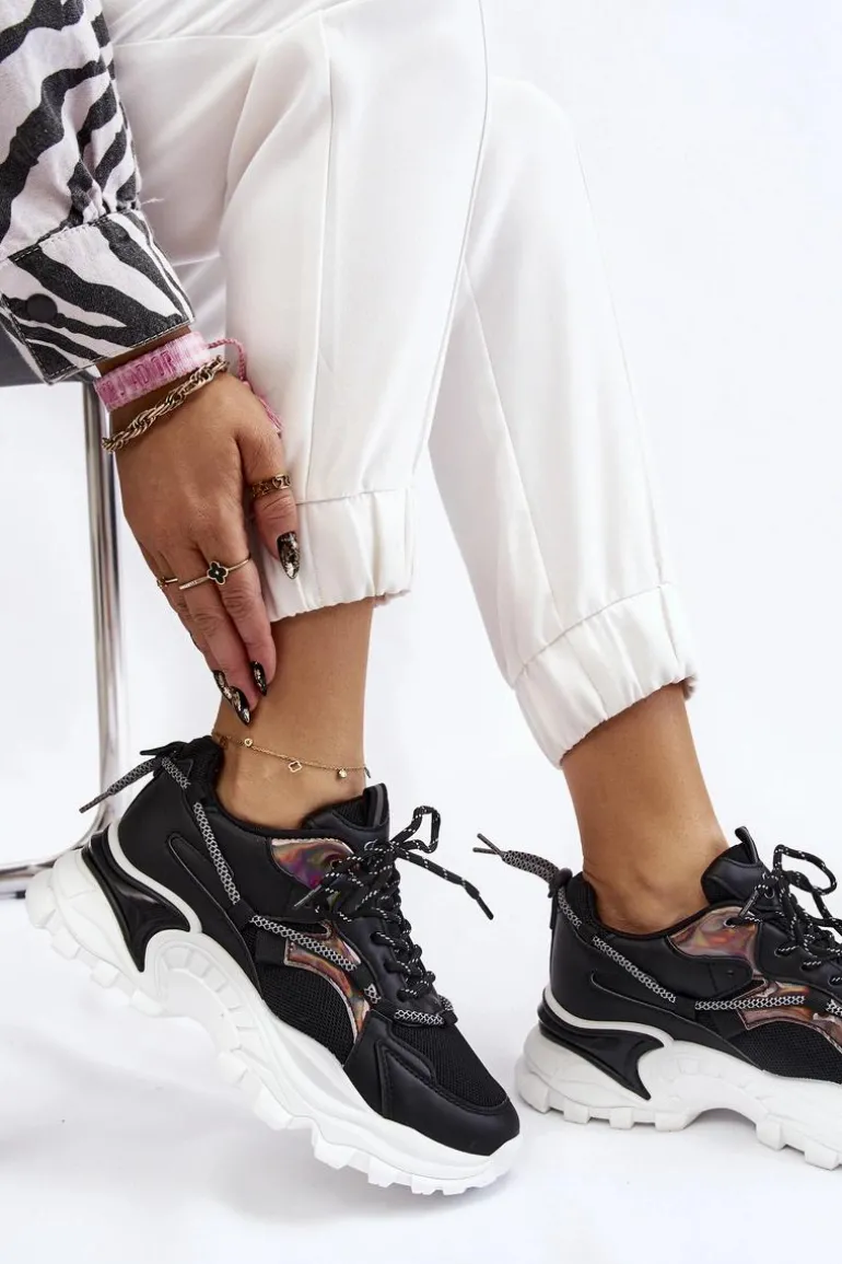 Damskie Buty Sportowe Sznurowane Na Platformie Czarne Minea