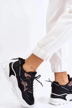 Damskie Buty Sportowe Sznurowane Na Platformie Czarne Minea