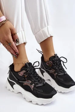 Damskie Buty Sportowe Sznurowane Na Platformie Czarne Minea