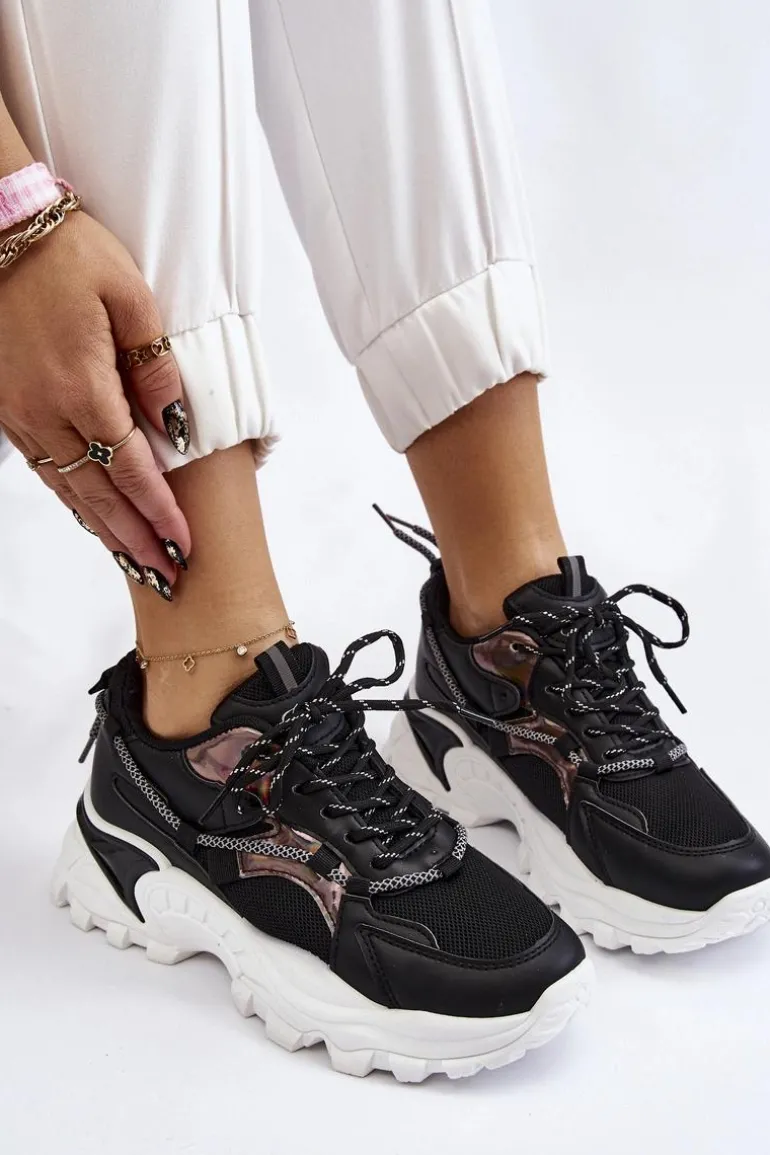 Damskie Buty Sportowe Sznurowane Na Platformie Czarne Minea