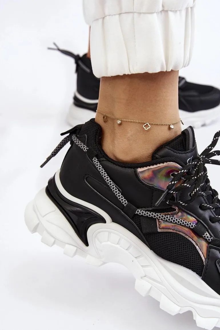 Damskie Buty Sportowe Sznurowane Na Platformie Czarne Minea