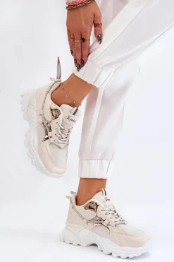 Damskie Buty Sportowe Sznurowane Na Platformie Beżowe Minea