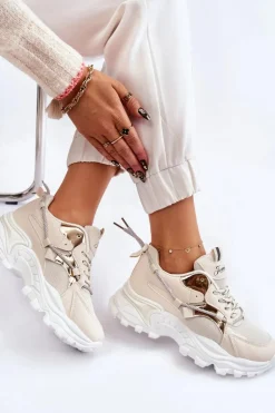 Damskie Buty Sportowe Sznurowane Na Platformie Beżowe Minea