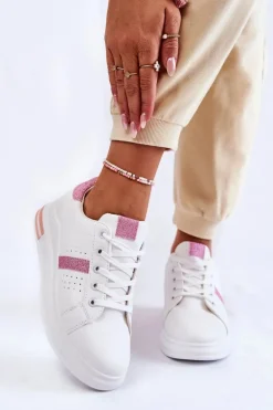 Damskie Buty Sportowe Wiązane Biało-Różowe Otylia
