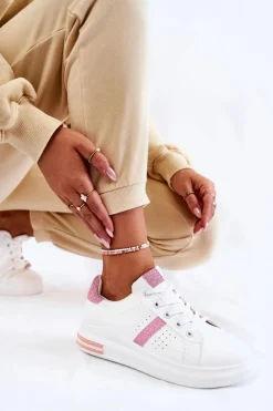 Damskie Buty Sportowe Wiązane Biało-Różowe Otylia