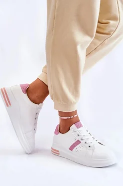 Damskie Buty Sportowe Wiązane Biało-Różowe Otylia