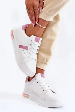 Damskie Buty Sportowe Wiązane Biało-Różowe Otylia