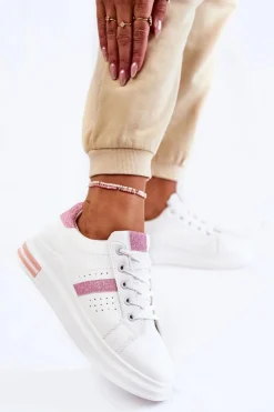 Damskie Buty Sportowe Wiązane Biało-Różowe Otylia