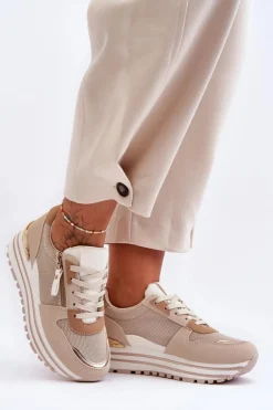 Damskie Buty Sportowe Z Ozdobnym Zamkiem Beżowe Cairo