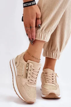 Damskie Buty Sportowe Z Ozdobnym Zamkiem Beżowe Adrea