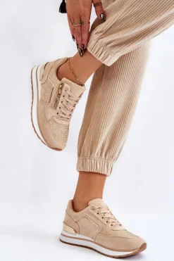 Damskie Buty Sportowe Z Ozdobnym Zamkiem Beżowe Adrea