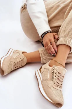 Damskie Buty Sportowe Z Ozdobnym Zamkiem Beżowe Adrea