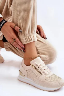Damskie Buty Sportowe Z Ozdobnym Zamkiem Kremowe Adrea