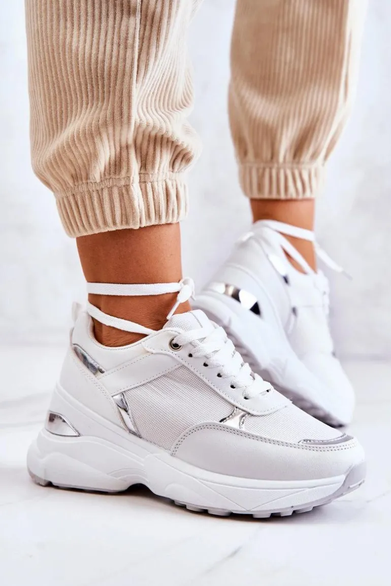 Damskie Błyszczące Buty Sportowe Na Koturnie Białe Activity