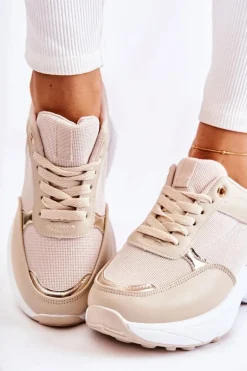 Damskie Błyszczące Buty Sportowe Na Koturnie Beżowe Activity
