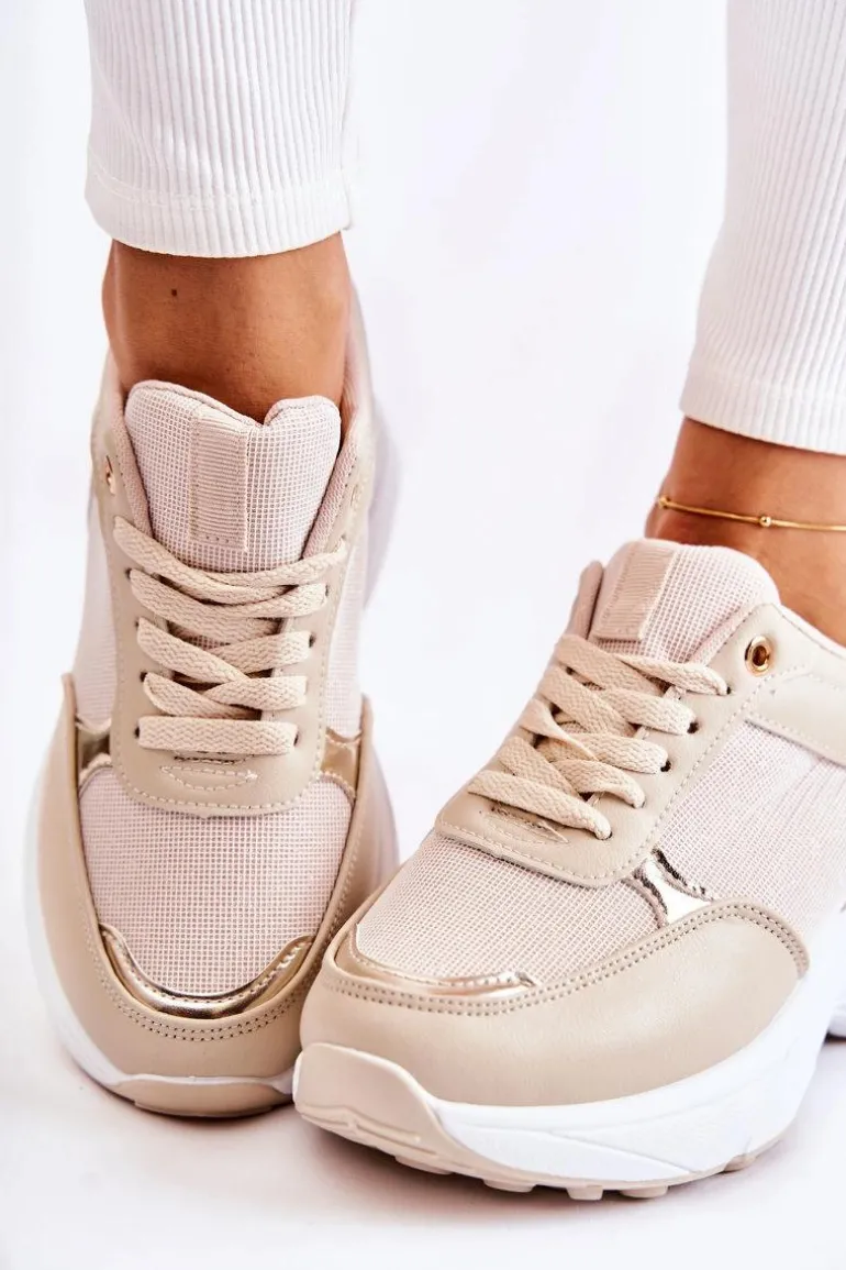 Damskie Błyszczące Buty Sportowe Na Koturnie Beżowe Activity