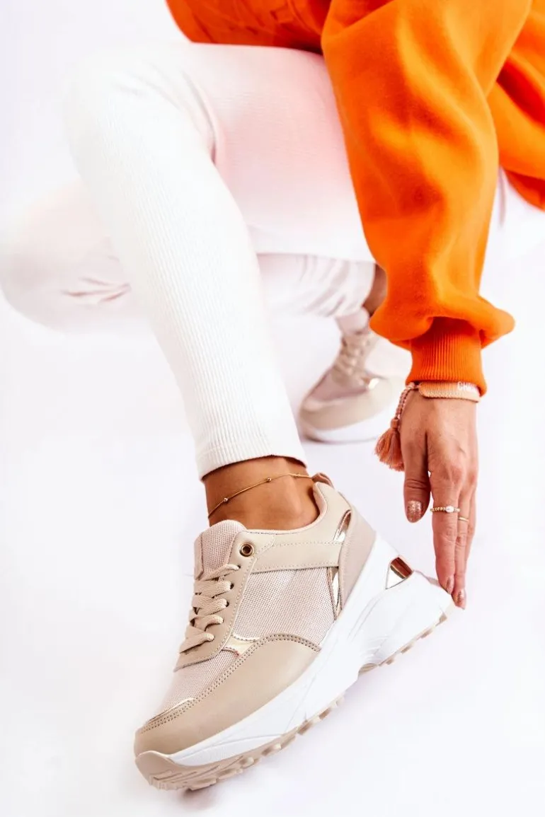 Damskie Błyszczące Buty Sportowe Na Koturnie Beżowe Activity