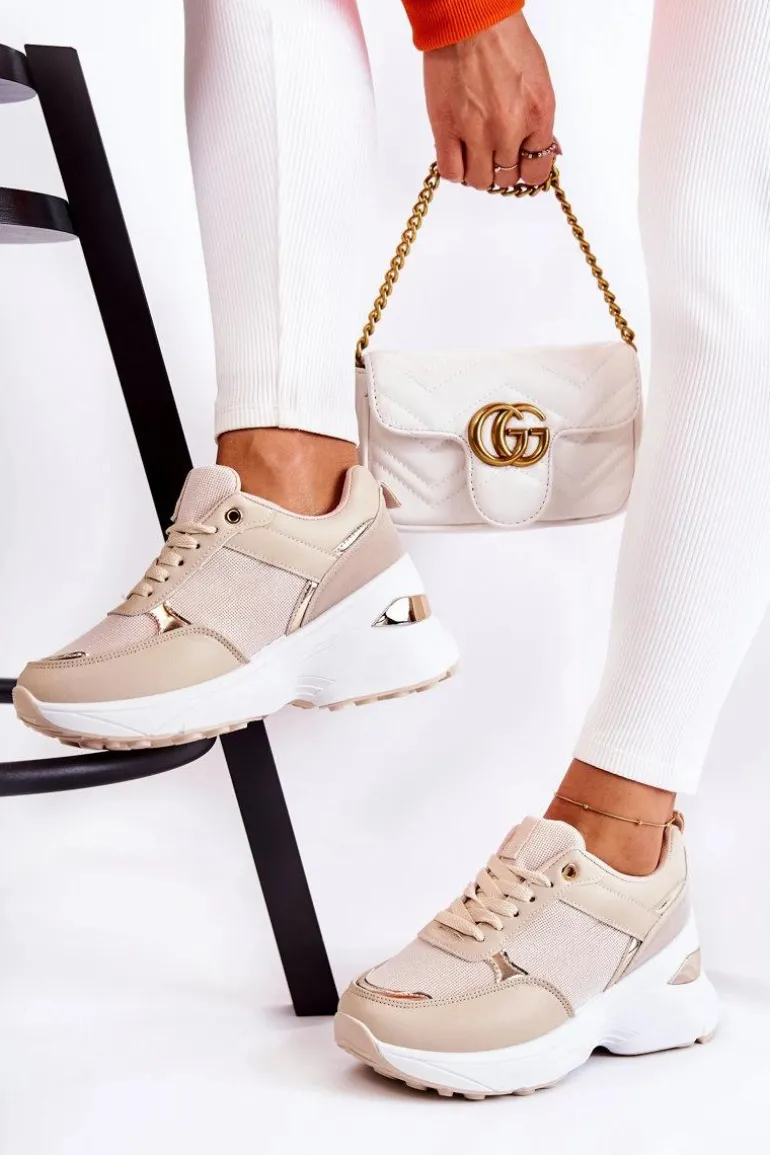 Damskie Błyszczące Buty Sportowe Na Koturnie Beżowe Activity