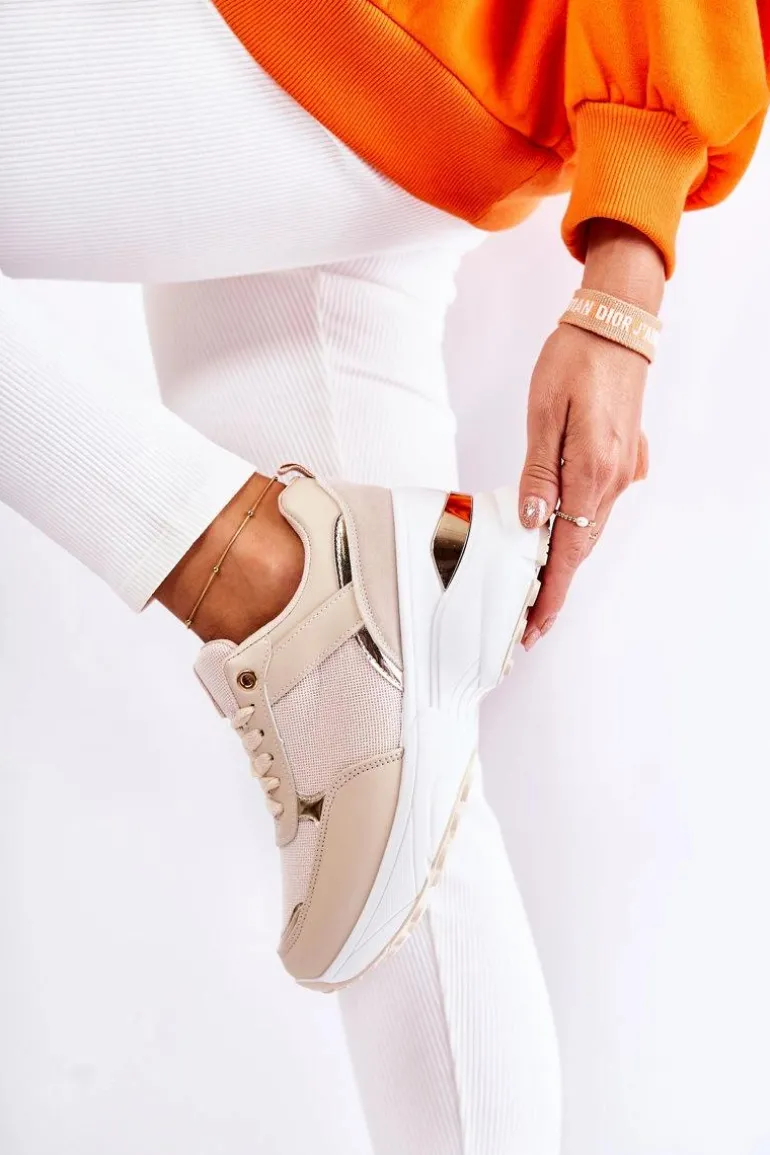 Damskie Błyszczące Buty Sportowe Na Koturnie Beżowe Activity