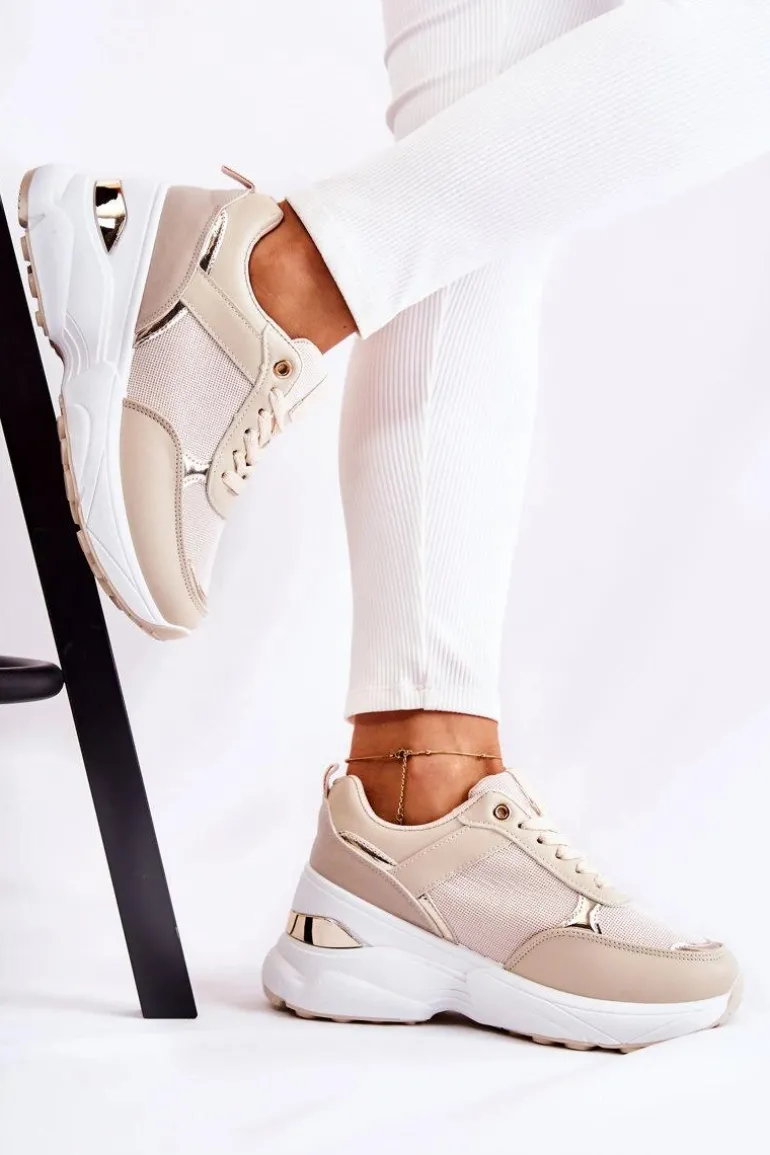 Damskie Błyszczące Buty Sportowe Na Koturnie Beżowe Activity