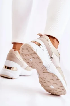 Damskie Błyszczące Buty Sportowe Na Koturnie Beżowe Activity