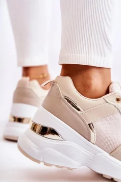 Damskie Błyszczące Buty Sportowe Na Koturnie Beżowe Activity