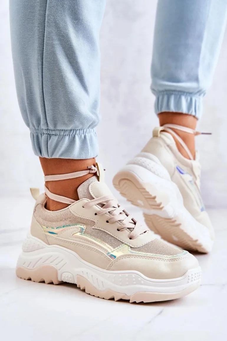 Damskie Błyszczące Sneakersy Beżowe Callisto