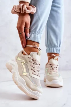 Damskie Błyszczące Sneakersy Beżowe Callisto