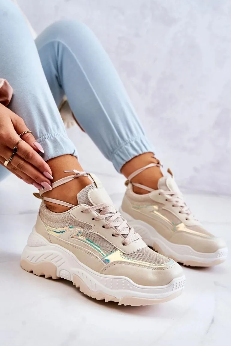 Damskie Błyszczące Sneakersy Beżowe Callisto