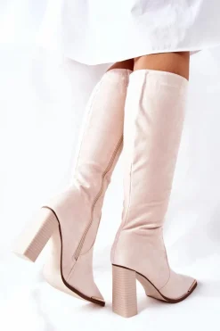 Damskie Ciepłe Kozaki Złoty Nosek Beżowe Puentos