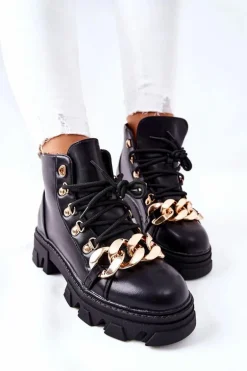 Damskie Ciepłe Trapery Botki z Łańcuchem Czarne Labri