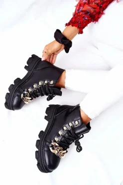 Damskie Ciepłe Trapery Botki z Łańcuchem Czarne Labri