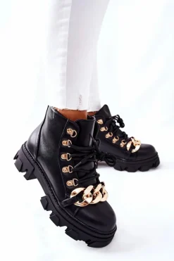 Damskie Ciepłe Trapery Botki z Łańcuchem Czarne Labri