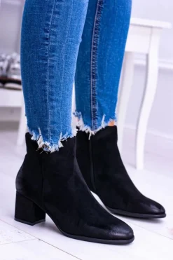 Damskie Czarne Botki Na Słupku Zamsz Ferimate