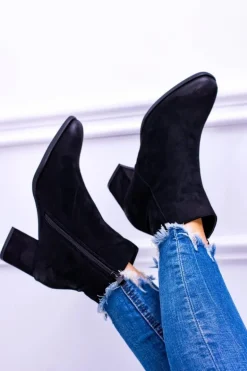 Damskie Czarne Botki Na Słupku Zamsz Ferimate