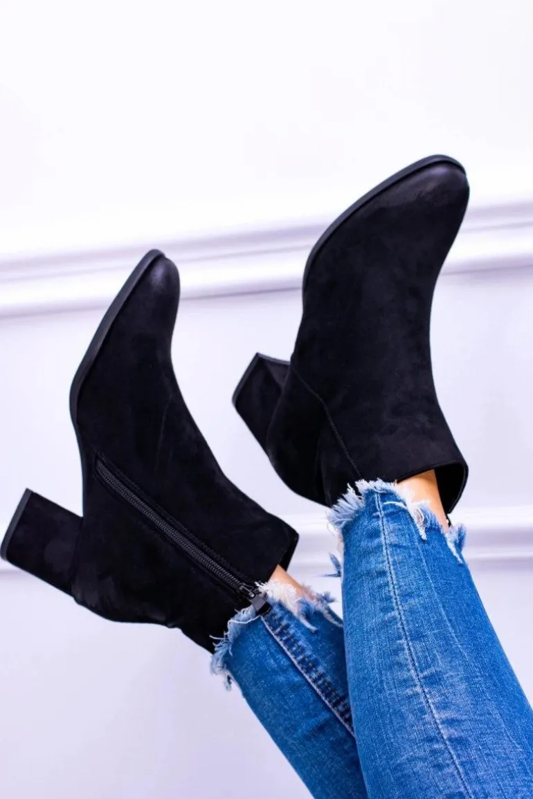 Damskie Czarne Botki Na Słupku Zamsz Ferimate