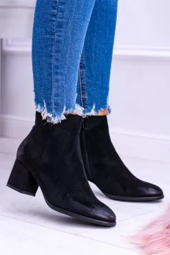 Damskie Czarne Botki Na Słupku Zamsz Ferimate