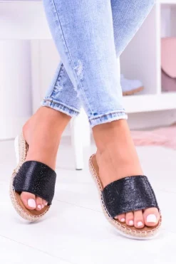 Damskie Czarne Klapki Lu Boo Cyrkonie ShineMadam