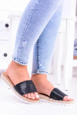 Damskie Czarne Klapki Lu Boo Cyrkonie ShineMadam