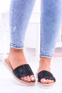 Damskie Czarne Klapki Lu Boo Cyrkonie ShineMadam