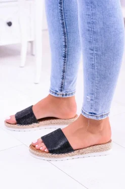 Damskie Czarne Klapki Lu Boo Cyrkonie ShineMadam