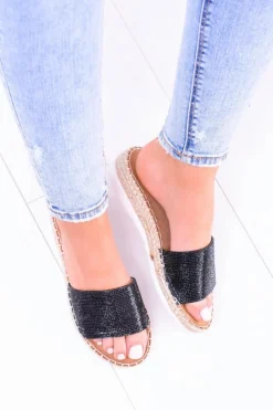 Damskie Czarne Klapki Lu Boo Cyrkonie ShineMadam